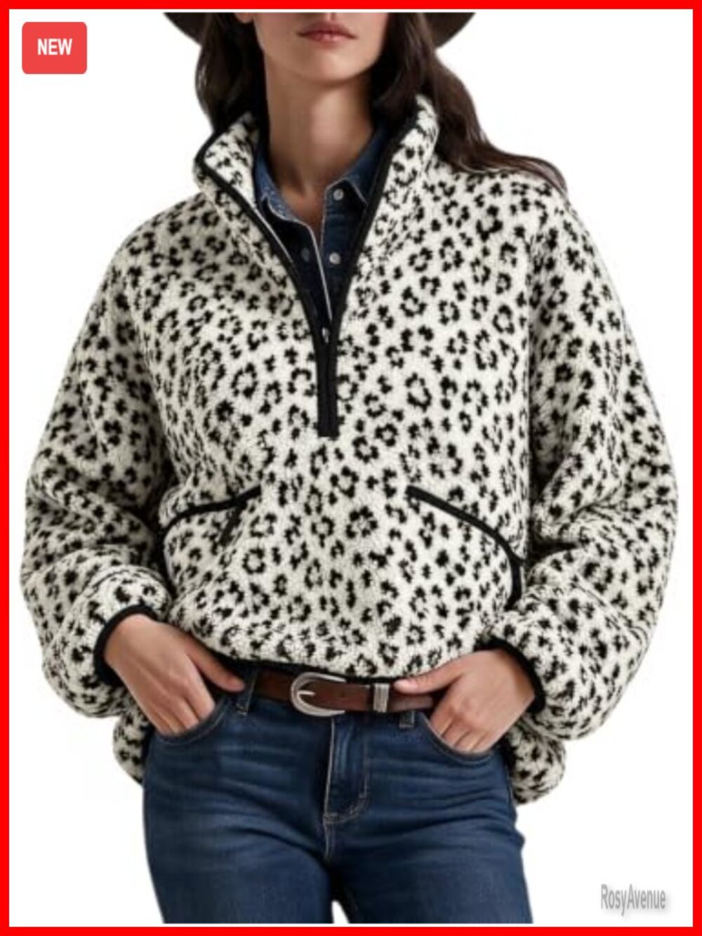 Womens Leopard Fleece Jacket Quarter Zip Sherpa Pullover Zip Pockets